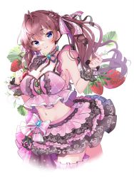 Rule 34 | 1girl, blush, breasts, brooch, cleavage, cropped legs, finger heart, food, fruit, fruit background, highres, ichinose shiki, idolmaster, idolmaster cinderella girls, jewelry, layered skirt, looking at viewer, medium breasts, navel, neck ribbon, pink shirt, pink skirt, purple eyes, purple hair, ribbon, shirt, skirt, sleeveless, sleeveless shirt, smile, solo, strawberry, thigh strap, twintails, wavy hair, wrist cuffs, yuanagae