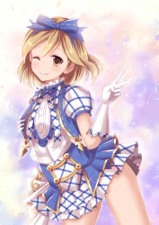 Rule 34 | 10s, 1girl, ;), alternate costume, blonde hair, bow, brown eyes, djeeta (granblue fantasy), elbow gloves, gloves, granblue fantasy, hair bow, kimi to boku no mirai, non (nobu), one eye closed, open clothes, open vest, puffy short sleeves, puffy sleeves, shirt, short sleeves, skirt, skirt set, smile, solo, thighs, v, vest, white gloves