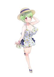 Rule 34 | 1girl, absurdres, alternate costume, arm at side, arm up, bag, bare shoulders, blue bow, blush, bow, breasts, casual, cleavage, closed mouth, collarbone, dress, earrings, flower, full body, green hair, hair between eyes, hair flower, hair ornament, halterneck, handbag, hat, highres, jewelry, large breasts, lemon print, looking at viewer, may salamanya, nomura miki, red eyes, sandals, short dress, short hair, simple background, sleeveless, sleeveless dress, smile, solo, standing, standing on one leg, summer pockets, white background, white dress, white flower, yellow hat