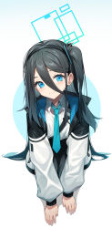 Rule 34 | 1girl, absurdly long hair, absurdres, aris (blue archive), black hair, black hairband, black jacket, blue archive, blue background, blue eyes, blue necktie, collared shirt, gradient background, hair ornament, hairband, halo, highres, jacket, kneeling, long hair, long sleeves, multicolored clothes, multicolored jacket, necktie, one side up, open clothes, open jacket, shirt, smile, solo, sugar (dndi888), very long hair, white background, white jacket, white shirt