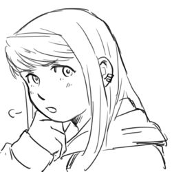 Rule 34 | 1girl, blush, close-up, earrings, frown, fullmetal alchemist, greyscale, hand on own chin, hood, jacket, jewelry, long hair, long sleeves, looking at viewer, looking away, monochrome, nore (boosuke), open mouth, portrait, puff of air, simple background, solo, upper body, white background, winry rockbell