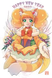 Rule 34 | 1girl, 2022, aizen (syoshiyuki), animal ear fluff, animal ears, blonde hair, bow, brooch, bubble skirt, chinese zodiac, choker, cowboy shot, cropped legs, cure sparkle, cure sparkle (partner form), detached sleeves, earrings, extra ears, flower, fur trim, green eyes, hair ornament, happy new year, healin&#039; good precure, heart, heart hair ornament, highres, hiramitsu hinata, jewelry, layered skirt, looking at viewer, medium hair, nengajou, new year, orange bow, orange choker, parted lips, precure, skirt, smile, solo, star brooch, tail, tiger ears, tiger tail, twintails, year of the tiger