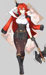 &gt;:) 1girl absurdres alternate_costume ascot axe belt black_footwear black_gloves black_skirt boots brown_belt brown_pantyhose commission fire_emblem fire_emblem:_mystery_of_the_emblem fire_emblem:_three_houses full_body garreg_mach_monastery_uniform gloves grey_background high-waist_skirt highres holding holding_axe holding_weapon jacket jacket_on_shoulders long_sleeves minerva_(fire_emblem) miniskirt nintendo pantyhose pencil_skirt pixiv_commission red_eyes red_hair red_jacket shirt short_hair silvercandy_gum skirt solo standing v-shaped_eyebrows weapon white_ascot white_shirt