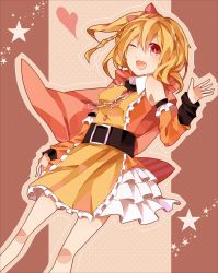 Rule 34 | 1girl, aji77, bad id, bad pixiv id, belt, blonde hair, bow, detached sleeves, dress, frills, hair bow, high belt, kagerou project, kisaragi attention (vocaloid), kisaragi momo, looking at viewer, one eye closed, open mouth, pointing, pointing at viewer, red eyes, short hair, side ponytail, solo, vocaloid, wink