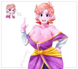 Rule 34 | 1girl, :d, aka nobodyy, bare shoulders, blush, breasts, chronoa, cleavage, colored skin, detached sleeves, dragon ball, dragon ball xenoverse, earrings, english text, grin, highres, index finger raised, jewelry, kaioushin, large breasts, multiple views, off shoulder, open mouth, orange hair, pink skin, pointy ears, potara earrings, prototype design, short hair, smile, supreme kai of time, twitter username