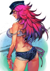 Rule 34 | 1girl, ass, back, bandaged wrist, bandages, black hat, blue eyes, blue shorts, bracelet, breasts, butt crack, capcom, chain, cowboy shot, crop top, denim, denim shorts, final fight, from behind, green background, hair between eyes, hand on own hip, hat, hat chain, hungry clicker, jewelry, large breasts, lips, long hair, looking at viewer, looking back, parted lips, pink hair, poison (final fight), short shorts, shorts, sideboob, sleeveless, smile, solo, standing, strap slip, street fighter, tank top, white tank top