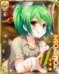 Rule 34 | 1girl, :p, brown eyes, button, card (medium), character name, closed mouth, girlfriend (kari), green hair, indoors, looking at object, official art, oshi tomo, qp:flapper, shorts, solo, sparkle, standing, tan shirt, tomato, tongue, tongue out