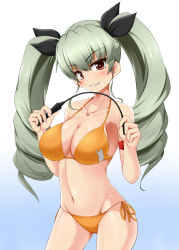 Rule 34 | 10s, 1girl, akaneman, alternate breast size, anchovy (girls und panzer), bad id, bad pixiv id, bare shoulders, bikini, black ribbon, blush, breasts, cleavage, collarbone, drill hair, girls und panzer, green hair, grin, hair ribbon, large breasts, long hair, looking at viewer, navel, orange bikini, red eyes, ribbon, riding crop, smile, solo, swimsuit, twin drills, twintails