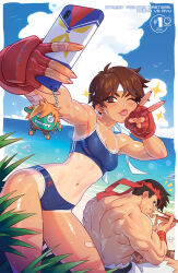 Rule 34 | 1boy, 1girl, beach, blanka-chan, breasts, brown hair, cellphone, character charm, charm (object), chopsticks, cleavage, commentary, eating, english commentary, headband, highres, kajin (kajinman), kasugano sakura, medium breasts, muscular, muscular male, ocean, official art, phone, red headband, ryu (street fighter), second-party source, selfie, short hair, smartphone, sports bikini, street fighter, tan, tanline, tongue, tongue out, topless male, udon entertainment, v, very short hair, wet, white headband