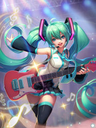 Rule 34 | 1girl, ahoge, armpits, beamed quavers, detached sleeves, electric guitar, green eyes, green hair, guitar, hatsune miku, headset, highres, instrument, loewy, long hair, matching hair/eyes, musical note, necktie, open mouth, quaver, skirt, solo, thighhighs, treble clef, twintails, very long hair, vocaloid