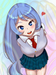 Rule 34 | 1girl, :d, absurdres, arms behind back, blue eyes, blue hair, blue skirt, blush, boku no hero academia, breasts, bright pupils, collared shirt, cowboy shot, hadou nejire, heart, highres, large breasts, leaning forward, long hair, looking at viewer, necktie, open mouth, pleated skirt, red necktie, school uniform, shirt, short sleeves, skirt, smile, solo, thigh gap, u.a. school uniform, very long hair, vest, white shirt, yousuketwelve