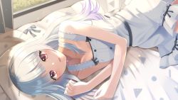 Rule 34 | 1girl, bare arms, bare shoulders, bed, black bow, bow, breasts, brooch, collarbone, copyright request, curtains, dress, etyaduke, frilled dress, frills, gradient hair, hands up, highres, indoors, jewelry, long hair, looking at viewer, lying, multicolored hair, on bed, on side, parted lips, pillow, purple hair, red eyes, silver hair, sleeveless, sleeveless dress, small breasts, smile, solo, teeth, upper teeth only, very long hair, virtual youtuber, white dress, window