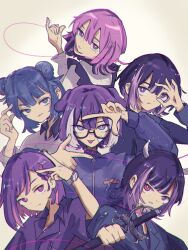 6+girls blue_eyes blue_hair blue_jacket collared_shirt colored_inner_hair demon_girl demon_horns double_bun glasses hair_bun hand_on_own_head hand_up hands_up highres holding holding_sword holding_weapon horns jacket kdfwys looking_at_viewer multicolored_hair multiple_girls nira-chan pink_eyes pink_hair purple_eyes purple_hair shirt sword tongue tongue_out two-tone_hair watch weapon white_horns zutto_mayonaka_de_ii_no_ni