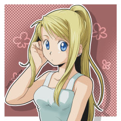 Rule 34 | 1girl, 2009, :o, artist name, blonde hair, blue eyes, dated, earrings, floral background, flower, fullmetal alchemist, hand in own hair, jewelry, long hair, looking at viewer, nakamura, open mouth, pink background, ponytail, shirt, simple background, solo, solo focus, white background, white shirt, winry rockbell