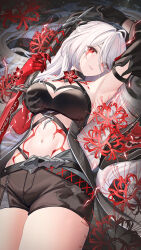 Rule 34 | 1girl, absurdres, acheron (honkai: star rail), ahoge, arm up, armpits, bare shoulders, black gloves, black shirt, black shorts, blood, bloody tears, body markings, breasts, clawed gauntlets, cleavage, commentary request, cowboy shot, dutch angle, eyes visible through hair, flower, gloves, hair over one eye, halterneck, head tilt, highres, holding, holding sword, holding weapon, honkai: star rail, honkai (series), katana, lalazyt, large breasts, legs together, lightning, long hair, looking at viewer, midriff, navel, parted lips, partial commentary, red eyes, red flower, red lightning, shirt, short shorts, shorts, sidelocks, single glove, sleeveless, sleeveless shirt, solo, spider lily, stomach, sword, teeth, thick thighs, thighs, weapon, white hair