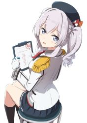 Rule 34 | 10s, 1girl, beret, black skirt, black socks, blue eyes, blush, bow, bowtie, clipboard, collared shirt, epaulettes, eyebrows, frilled sleeves, frills, from behind, gotyou, hair between eyes, hat, holding, kantai collection, kashima (kancolle), kneehighs, legs together, looking at viewer, looking back, military, military uniform, open mouth, pleated skirt, red bow, red bowtie, shirt, silver hair, sitting, skirt, smile, socks, solo, stool, twintails, uniform