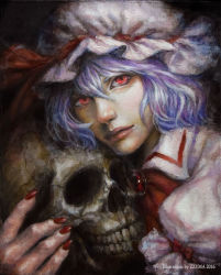 Rule 34 | 1girl, bat wings, black background, blue hair, dress, hat, holding, holding skull, johnalay, mob cap, oil painting (medium), painting (medium), realistic, red eyes, red lips, remilia scarlet, short hair, skull, solo, touhou, traditional media, white dress, wings