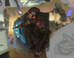 Rule 34 | 2girls, aiming, ass, assault rifle, belt, black footwear, black hair, black headwear, black pants, bottle, braid, bulletproof vest, can, character request, dokkaebi, dokkaebi (rainbow six siege), fingerless gloves, fj wu cheng&#039;en, from behind, from side, glasses, gloves, gun, hat, heart, holding, holding gun, holding weapon, knee pads, long hair, long sleeves, looking to the side, multicolored hair, multiple girls, nail polish, pants, parted lips, pink hair, purple vest, rainbow six siege, rifle, round eyewear, scope, shoes, short shorts, short sleeves, shorts, sneakers, south korean flag, standing, thigh strap, thighhighs, tin can, trigger discipline, twin braids, vending machine, vest, weapon
