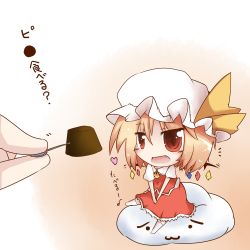 Rule 34 | 1girl, :3, ascot, blonde hair, blush stickers, chibi, dekasudachin, fang, female focus, flandre scarlet, food, gem, hat, heart, mini person, minigirl, mochi, open mouth, red eyes, sitting, solo, solo focus, touhou, translation request, v arms, wagashi, wings