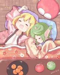Rule 34 | 2girls, amitie (puyopuyo), bowl, closed eyes, closed mouth, collarbone, dated, drooling, food, fruit, green hair, highres, horns, indoors, japanese clothes, jazz grace, kotatsu, lidelle (puyopuyo), lying, mouth drool, multiple girls, on back, on side, orange (fruit), pillow, pointy ears, puyo (puyopuyo), puyopuyo, puyopuyo fever, red headwear, sleeping, smile, table, unworn headwear, wooden floor, yellow horns