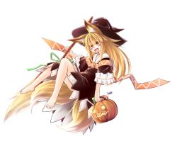 Rule 34 | 1girl, :d, absurdres, animal ears, barefoot, blonde hair, broom, candy, fang, fox ears, fox tail, full body, halloween, halloween costume, hat, highres, jack-o&#039;-lantern, lollipop, long hair, multiple tails, open mouth, original, red eyes, senbon, smile, solo, tail, transparent background, two tails, witch, witch hat