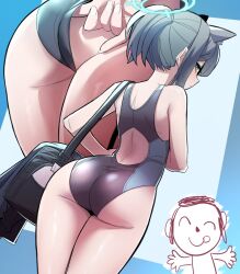 Rule 34 | 1girl, adjusting clothes, adjusting swimsuit, alternate hairstyle, animal ear fluff, animal ears, ass, bag, bare shoulders, blue archive, blue eyes, blue halo, closed mouth, competition swimsuit, doodle sensei (blue archive), extra ears, grey hair, halo, highres, official alternate costume, one-piece swimsuit, ponytail, sensei (blue archive), shiroko (blue archive), shiroko (swimsuit) (blue archive), shoulder bag, sung08ko, swimsuit, tongue, tongue out, wolf ears, zoom layer