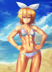 Rule 34 | 1girl, abs, beach, bikini, blonde hair, blue eyes, blue sky, cloud, collarbone, day, hair ornament, hair ribbon, hairclip, hands on own hips, kagamine rin, muscular, outdoors, red eyes, revision, ribbon, shiny skin, short hair, sky, smile, solo, striped bikini, striped clothes, summer idol (vocaloid), sweat, swimsuit, vocaloid, yilx