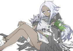 Rule 34 | 1girl, arknights, armor, ass, bandaged arm, bandaged leg, bandages, black cape, bonjirix, book on lap, cape, commentary, dark-skinned female, dark skin, dated, feet out of frame, flower, highres, inam (arknights), knee up, long hair, purple eyes, purple hair, simple background, solo, twitter username, white background