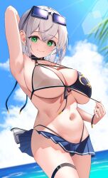 1girl absurdres arm_up armpits bikini bikini_skirt blue_sky breasts cleavage cloud cowboy_shot crossed_bangs day eyewear_on_head green_eyes grey_hair highres hololive large_breasts navel ocean outdoors sen_(central_9029) shirogane_noel shirogane_noel_(summer_2020) skindentation sky solo stomach sunglasses swimsuit thigh_strap underboob virtual_youtuber