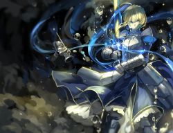 Rule 34 | 1girl, ahoge, armor, armored dress, artoria pendragon (fate), blonde hair, breastplate, bubble, chess piece, excalibur (fate/stay night), fate/stay night, fate (series), faulds, gauntlets, glowing, glowing sword, glowing weapon, greaves, green eyes, highres, invisible air (fate), saber (fate), saber class (fate), saberiii, short hair, solo, weapon