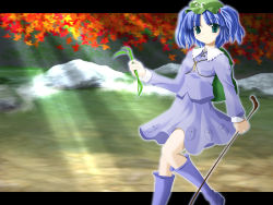 Rule 34 | 1girl, autumn, blue dress, blue eyes, blue hair, dress, female focus, holding, kawashiro nitori, kii (mahoraba), letterboxed, light rays, long sleeves, looking at viewer, matching hair/eyes, outdoors, pocket, short hair, solo, stick, thighhighs, touhou, two side up, zettai ryouiki