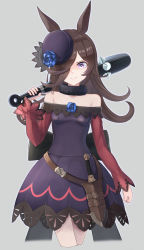 Rule 34 | 1girl, absurdres, animal ears, arm at side, bare shoulders, belt, blue flower, blue rose, breasts, brown hair, cha seiga, clenched hand, closed mouth, club, club (weapon), cropped legs, dagger, dress, flower, fur choker, grey background, hair over one eye, hat, hat flower, highres, holding, holding weapon, horse ears, knife, long hair, long sleeves, looking at viewer, off-shoulder dress, off shoulder, over shoulder, pink eyes, purple dress, purple hat, rice shower (umamusume), rose, sheath, sheathed, simple background, small breasts, smile, solo, spiked club, umamusume, v-shaped eyebrows, weapon, weapon over shoulder