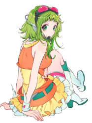Rule 34 | 1girl, akiyama enma, arms behind back, bare arms, bare shoulders, boots, commentary, dot mouth, frilled skirt, frills, from behind, goggles, goggles on head, green eyes, green hair, gumi, headphones, headset, high heel boots, high heels, highres, jacket, knee boots, knees up, layered skirt, crossed legs, looking at viewer, looking back, medium hair, miniskirt, orange jacket, orange skirt, red goggles, shirt, sitting, skirt, solo, thigh strap, vocaloid, wrist cuffs, yellow shirt