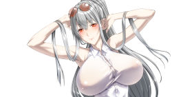 Rule 34 | 00s, 1girl, absurdres, adjusting hair, armpits, arms up, bare arms, blush, breasts, collared shirt, ebido, eyebrows, eyewear on head, grey hair, highres, huge breasts, long hair, looking at viewer, nipples, orange eyes, pale skin, ponytail, see-through, selvaria bles, senjou no valkyria (series), shiny skin, shirt, simple background, sleeveless, smile, solo, sunglasses, unbuttoned, upper body, white background