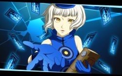 Rule 34 | 1girl, atlus, bad id, bad pixiv id, bare shoulders, book, card, elizabeth (persona), gloves, hat, highres, kouchou, persona, persona 3, short hair, sleeveless, solo, white hair, yellow eyes