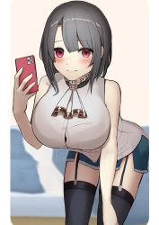 Rule 34 | 1girl, black bra, black hair, black thighhighs, blue skirt, blush, bra, bralines, breasts, cellphone, closed mouth, commission, garter straps, highres, holding, holding phone, kantai collection, large breasts, leaning forward, long sleeves, phone, pillarboxed, pink eyes, saga (saga kancolle), see-through, selfie, shirt, simple background, skeb commission, skirt, sleeveless, sleeveless shirt, smartphone, solo, takao (kancolle), thighhighs, twitter username, underwear, watermark, white shirt