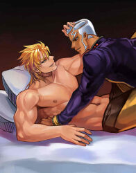Rule 34 | 2boys, anjingwang, dark-skinned male, dark skin, dio brando, enrico pucci, hand on another&#039;s head, jojo no kimyou na bouken, male focus, multiple boys, muscular, muscular male, on bed, pillow, priest, scar, scar on neck, stitched neck, stitches, stone ocean, topless male, white hair, yaoi