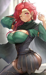 Rule 34 | 1girl, ahoge, ass, breasts, cleavage, commentary request, dark-skinned female, dark skin, diadem, earrings, female focus, fire emblem, fire emblem: three houses, gonzarez, hapi (fire emblem), highres, huge ass, jewelry, large breasts, long hair, long sleeves, looking at viewer, matching hair/eyes, nintendo, one eye closed, pantyhose, red eyes, red hair, solo, thighhighs, wide hips, wink