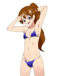 Rule 34 | 1girl, :d, arm behind head, arm up, armpits, bikini, blue bikini, blue eyes, blush, breasts, brown hair, cleavage, highres, kagemusha, long hair, looking at viewer, navel, open mouth, original, ponytail, simple background, small breasts, smile, solo, swimsuit, teeth, w, white background