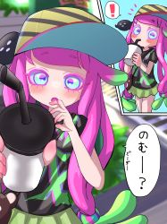 Rule 34 | 1girl, 1other, baseball cap, bendy straw, black shirt, blue eyes, blush, clownfish, commentary request, cup, drinking, drinking straw, drooling, fish, gradient hair, green hair, green skirt, harmony&#039;s clownfish (splatoon), harmony (splatoon), hat, highres, long hair, looking at viewer, low-tied long hair, miniskirt, multicolored hair, nintendo, open mouth, outstretched arm, pink hair, shirt, short sleeves, skirt, splatoon (series), splatoon 3, striped clothes, striped headwear, t-shirt, tama nya, tentacle hair, translated, tropical fish, two-tone hair