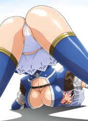 Rule 34 | 1girl, ass, azure (armor), bent over, blue eyes, blue hair, blush, breasts, cameltoe, capcom, cleavage, cleft of venus, from behind, j.h., large breasts, looking back, matching hair/eyes, monster hunter, monster hunter (series), monster hunter frontier, open mouth, panties, short hair, solo, sweat, thighhighs, thong, top-down bottom-up, underboob, underwear