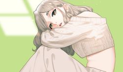 Rule 34 | 1girl, alternate costume, brown eyes, grey hair, kantai collection, looking at viewer, midriff, off-shoulder sweater, off shoulder, open mouth, pants, pola (kancolle), shishanmo, sitting, solo, sweater, thick eyebrows, wavy hair, white pants, white sweater