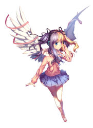 Rule 34 | 1girl, angel wings, arm at side, artist name, asymmetrical wings, bat wings, black hair, black ribbon, blonde hair, blue eyes, blue skirt, blush, boots, borrowed character, bow, closed mouth, from above, full body, hair ribbon, hand in own hair, hand up, headphones, heterochromia, knee boots, long sleeves, looking afar, original, pink bow, pink eyes, pink footwear, pink shirt, pleated skirt, ribbon, rosuuri, sailor collar, shirt, skirt, smile, solo, tareme, thighhighs, watermark, web address, white thighhighs, wings, zettai ryouiki
