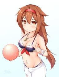 Rule 34 | 1girl, adapted costume, ball, beachball, bikini, black bikini, breasts, brown eyes, brown hair, cleavage, hair flaps, hairband, highres, index finger raised, kantai collection, medium breasts, navel, official alternate costume, one-hour drawing challenge, red hairband, shiratsuyu (kancolle), shiratsuyu kai ni (kancolle), shorts, simple background, smile, solo, swimsuit, whistle, whistle around neck, white background, white shorts, zanne