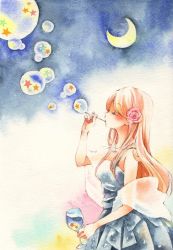 Rule 34 | 1girl, bubble, blowing bubbles, cup, dress, drinking glass, flower, hair flower, hair ornament, iinuma chika, jewelry, necklace, original, painting (medium), pink flower, pink rose, rose, shawl, solo, star (symbol), traditional media, watercolor (medium), wine glass