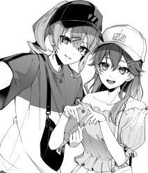 Rule 34 | 2girls, absurdres, alternate costume, bag, bare shoulders, baseball cap, bracelet, commentary request, dot nose, frilled shirt, frills, greyscale, hair between eyes, hair ornament, hairclip, hat, heart, heart hands, highres, hololive, hoshimachi suisei, jewelry, long hair, looking at viewer, medium hair, monochrome, multiple girls, necklace, off-shoulder shirt, off shoulder, open mouth, outstretched arm, puffy short sleeves, puffy sleeves, reaching, reaching towards viewer, sakura miko, selfie, shirt, short sleeves, side ponytail, sidelocks, simple background, smile, star (symbol), star necklace, t-shirt, tozaki (r sailing), upper body, virtual youtuber, visor cap, white background