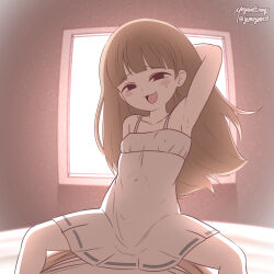 Rule 34 | 1girl, :d, absurdres, arm behind head, arm up, armpits, artist name, backlighting, bare shoulders, bed, bloom, blunt bangs, blush stickers, brown hair, child gf (orenji), clothed sex, commentary, covered erect nipples, covered navel, dress, english commentary, flat chest, girl on top, highres, implied sex, indoors, long hair, looking at viewer, meganethings, on bed, open mouth, original, paid reward available, pov, sex, shy, sleeveless, sleeveless dress, smile, smug, sweatdrop, twitter username, variant set, white dress