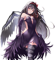 Rule 34 | 1girl, akemi homura, akuma homura, argyle, argyle clothes, argyle legwear, black hair, black wings, bow, breasts, collar, cowboy shot, dress, elbow gloves, gloves, grey thighhighs, hair bow, highres, long hair, looking at viewer, mahou shoujo madoka magica, mahou shoujo madoka magica: hangyaku no monogatari, parted lips, purple collar, purple dress, purple eyes, purple gloves, red bow, simple background, skirt hold, small breasts, smile, solo, thighhighs, white background, wings, zettai ryouiki, zundakun0123