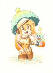 Rule 34 | 1girl, chao (sonic), cheese (sonic), cream the rabbit, finik, furry, furry female, hat, highres, holding, holding umbrella, open mouth, puddle, rain, shoes, simple background, sonic (series), teeth, umbrella, upper teeth only