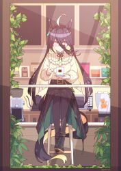 Rule 34 | 1girl, animal ears, black footwear, black hair, black pantyhose, black skirt, buttons, closed mouth, colored inner hair, cup, eyes visible through hair, highres, holding, holding cup, horse ears, horse girl, horse tail, long hair, long sleeves, looking at viewer, manhattan cafe (umamusume), microwave, multicolored hair, pantyhose, scalizo, shirt, shoes, sitting, skirt, smile, solo, sticker, tail, umamusume, very long hair, yellow eyes, yellow shirt